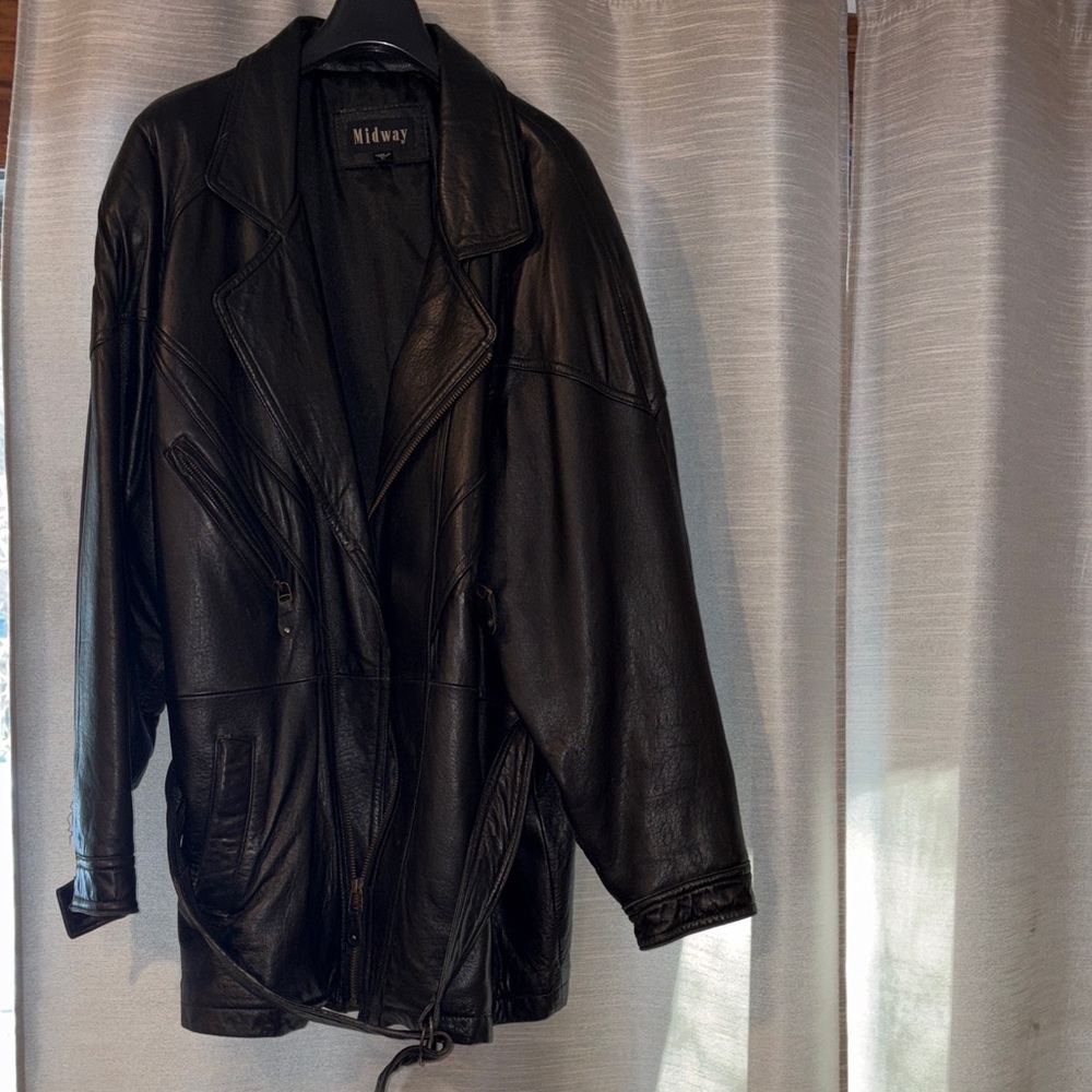 Men's Classic Black Leather Trench Coat